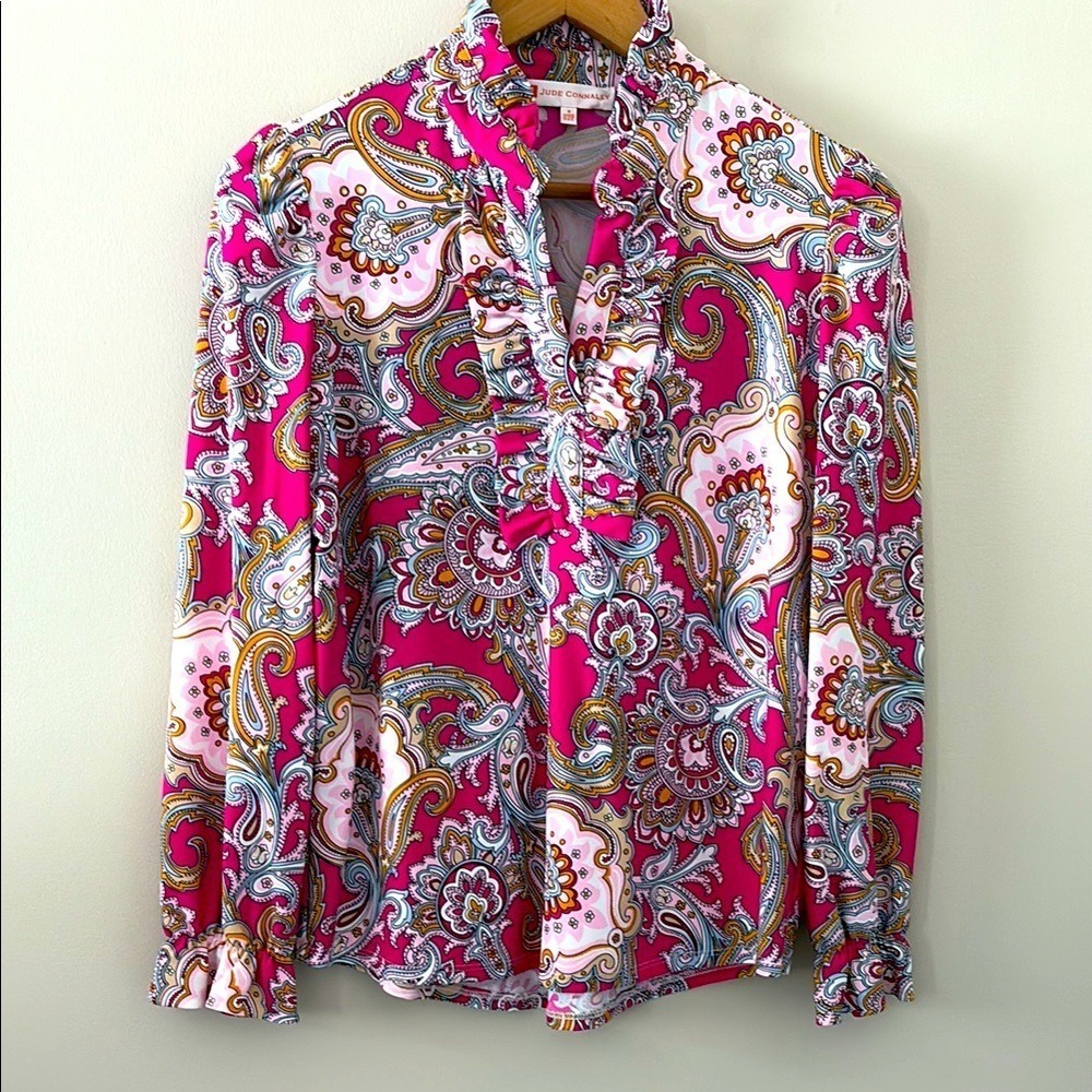 Jude Connally Palm Beach Paisley Pink Long Sleeve Top Ruffle V Neck Size S